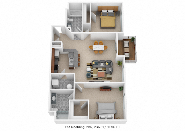 Floor plan for 2 beds, 2 baths, 1155 sqft